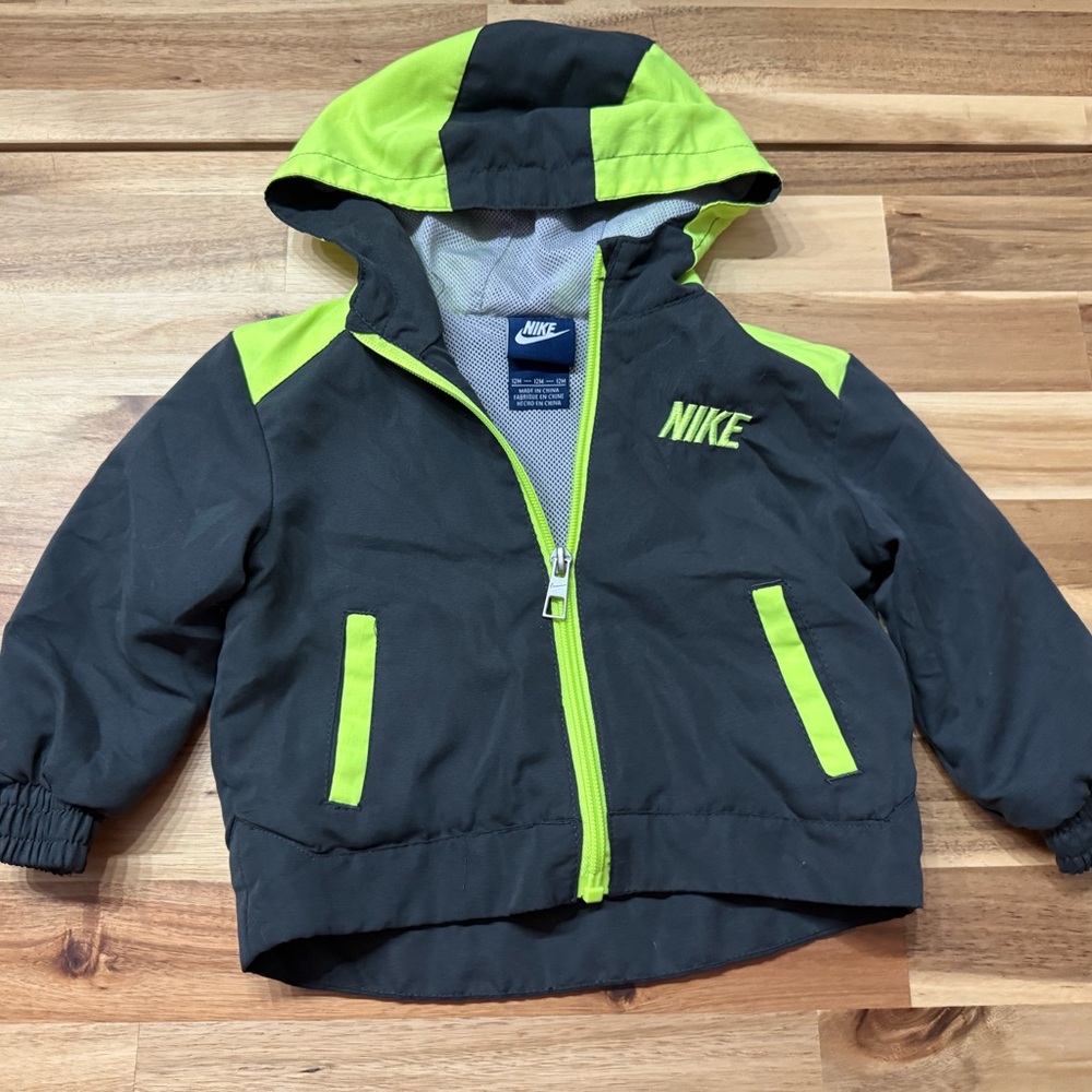 Nike Kids Black and Neon Green Hooded Raincoat